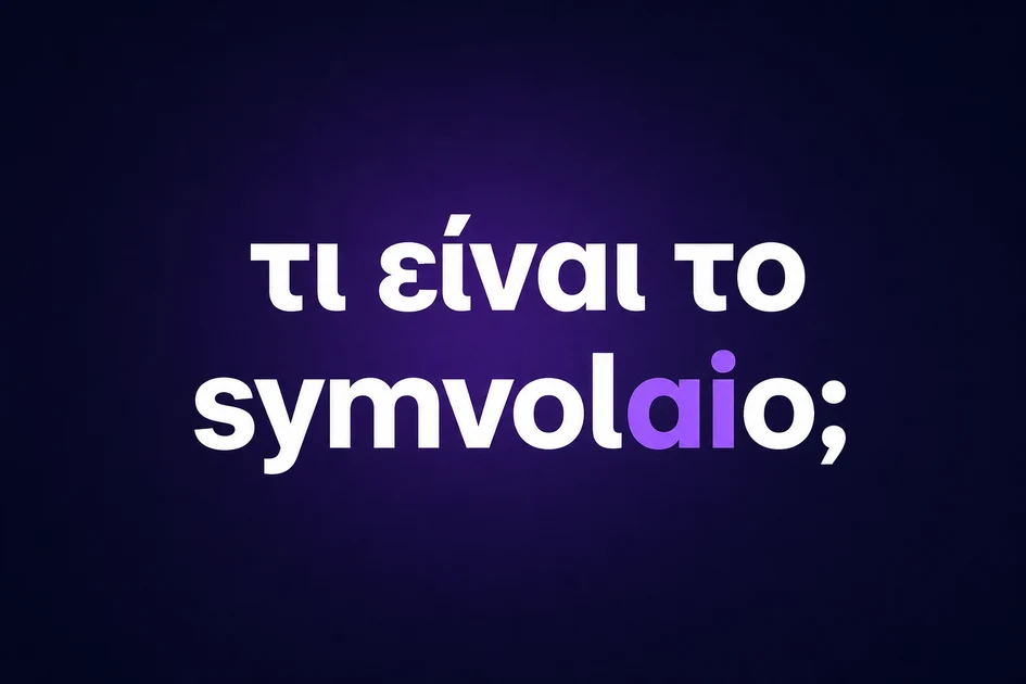 Γραφικό σε δύο γραμμές: «τι είναι το» και «symvolaio;» — μόνο το «ai» σε μωβ, υπόλοιπα λευκά